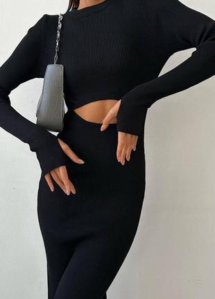 Жіноча довга сукня в обтяжку стильна закрита довгий рукав з вирізом в рубчик чорний, графіт, шоколад2 фото
