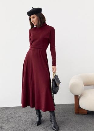 Тепле плаття міді з гумкою на талії — бордо-колір, m (є розміри)7 фото