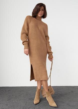 Вязаное платье миди с разрезами - коричневый цвет, l (есть размеры)1 фото