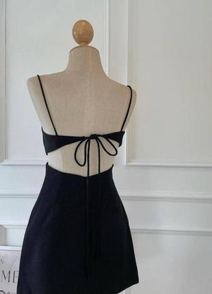Женское льняное короткое платье мини стильное легкое короткое  шнуровка на открытой спине белый, черный2 фото