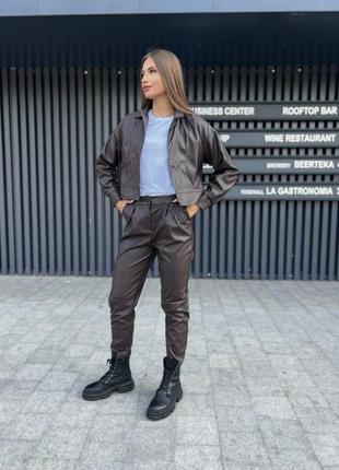 Модный женский повседневный кожаный брючный костюм коричневый пиджак и брюки размер 42-48