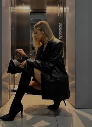 Женский пиджак эко-кожа оверсайз деловой тренд на каждый день черный3 фото