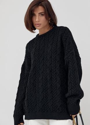 Вязаный свитер оверсайз с узорами из косичек - черный цвет, l (есть размеры)