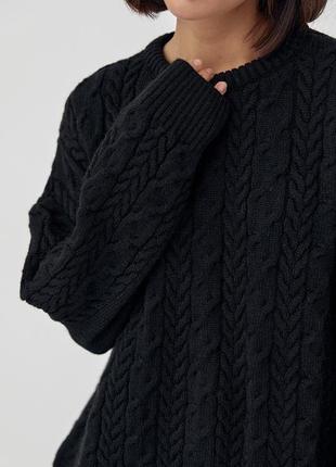 В'язаний светр оверсайз із візерунками з косичок — чорний колір, l (є розміри)4 фото