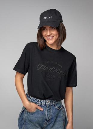 Бавовняна жіноча футболка з вишитим написом — чорний колір, m (є розміри)