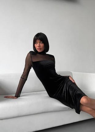 Жіноча елегантна вечірня сукня в обтяжку стильна оксамит довгий рукав сітка чорний5 фото