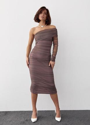 Вечірнє плаття з фатину з одним рукавом — кавовий колір, m (є розміри)