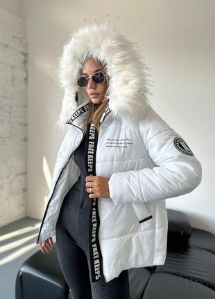 Жіноча куртка з капюшоном коротка пуховик з хутром стильна тепла чорний, хакі,...