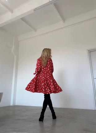 Женское легкое красное платье цветочный принт длинный рукав тренд оверсайз6 фото