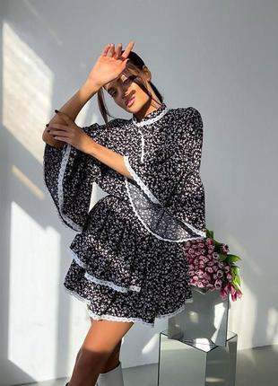 Жіноча вільна легка сукня з мереживом довгий рукав стильна квітковий принт трендова чорний, білий