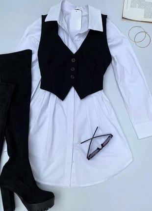 Жіноча коротка класична сукня довгий рукав 2в1 комплект сорочка + жилетка чорно-біла весна осінь