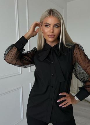Женская базовая рубашка блуза базовая трендовая стильная сетка в горошек черный2 фото