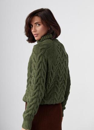 Женский свитер из крупной вязки в косичку - хаки цвет, l (есть размеры)2 фото
