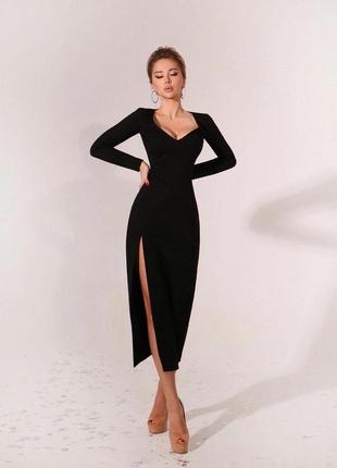 Женское длинное платье миди в обтяжку с разрезом стильное а-силуэт подчеркивает фигуру черное длинный рукав