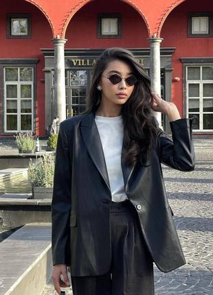 Женский пиджак эко-кожа оверсайз деловой тренд на каждый день черный