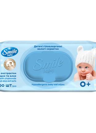 Дитячі вологі серветки smile baby з екстрактом ромашки, алое та вітамінним комплексом із клапаном 100 шт.