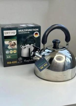 Чайник для електричних та газових плит rainberg rb-626 на 3л. зі свистком, сталевий