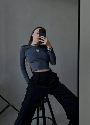 Жіночий топ довгий рукав кофта стильний топ вкорочений трендовий фіт в обтяжку хакі, беж, графіт