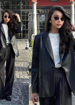 Женский пиджак эко-кожа оверсайз деловой тренд на каждый день черный5 фото