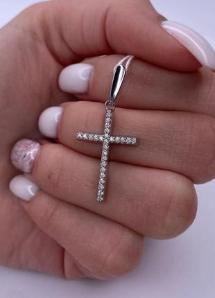 Срібний жіночій хрест камінням, родій2 фото