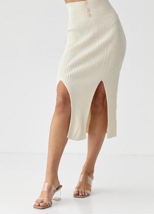 Трикотажная юбка миди с разрезами - кремовый цвет, l (есть размеры)