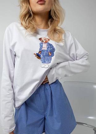Teddy 20753 пижама женский вискоза хлопок с мишкой тедди кофта белая и шорты голубые9 фото