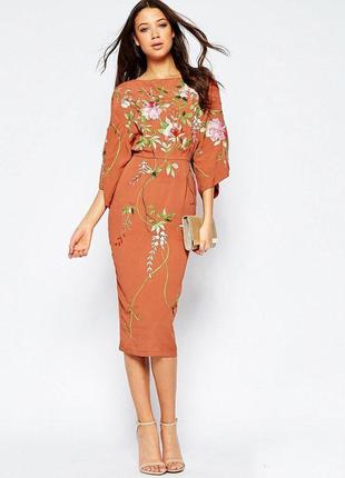 Распродажа платье asos миди натуральное с рукавами кимоно, вышивкой и полуоткрытой спиной3 фото