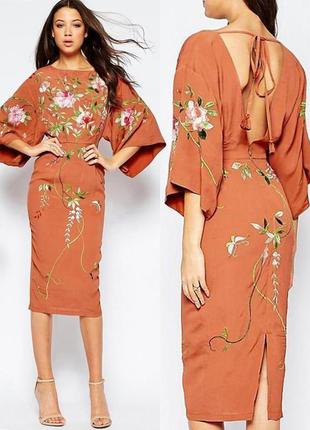 Распродажа платье asos миди натуральное с рукавами кимоно, вышивкой и полуоткрытой спиной1 фото