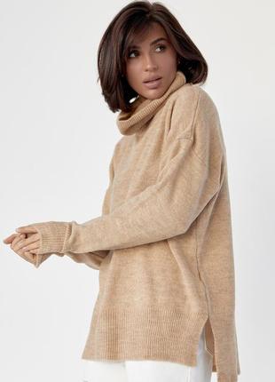 Женский свитер oversize с разрезами по бокам - светло-коричневый цвет, s (есть размеры)6 фото