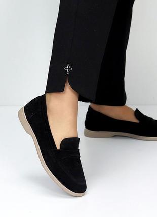 Черные женские лоферы туфли мокасины на бежевой подошве из натуральной замши1 фото