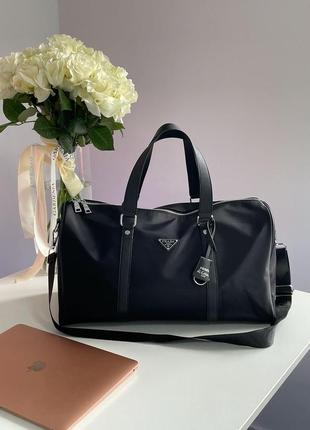 Сумка prada re-nylon and brushed leather duffel bag, прада, нейлон, текстиль, дорожная сумка, спортивная сумка из натуральной кожи7 фото