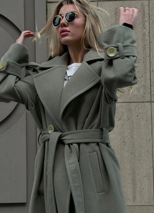Оливковое пальто кашемир7 фото
