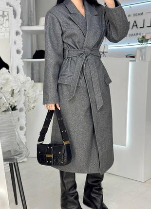 Пальто 40% шерсть длинное с поясом графит серое