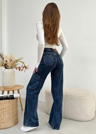 Актуальные широкие джинсы карго широкие карго прямые женские джинсы трубы джинсы-трубы джинсы-карго синие женские джинсы с накладными карманами7 фото