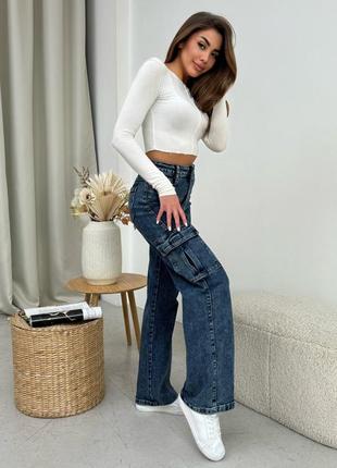 Актуальные широкие джинсы карго широкие карго прямые женские джинсы трубы джинсы-трубы джинсы-карго синие женские джинсы с накладными карманами2 фото