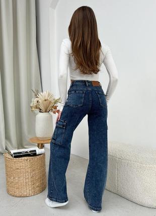 Актуальные широкие джинсы карго широкие карго прямые женские джинсы трубы джинсы-трубы джинсы-карго синие женские джинсы с накладными карманами3 фото