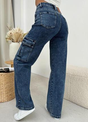 Актуальные широкие джинсы карго широкие карго прямые женские джинсы трубы джинсы-трубы джинсы-карго синие женские джинсы с накладными карманами4 фото