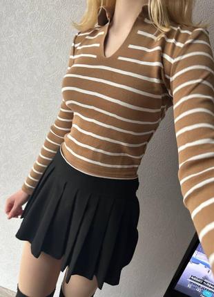 Женский трикотажный полосатый гольф, кофта, кофточка в стиле поло в полоску