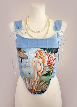Блакитний корсетний топ з картиною венера, корсет з атасу, бюстье з принтом картини venus