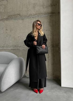 Пальто длинное халат с поясом черное на запах кашемир7 фото