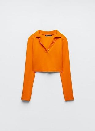 Яскравий помаранчевий вкорочений топ поло zara у рубчик із комірцем
