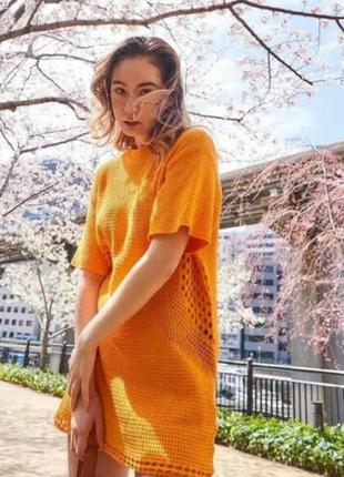 Оранжева вʼязана літня бавовняна сукня h&m помаранчева жовта міні вільного крою4 фото