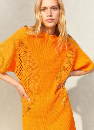 Оранжева вʼязана літня бавовняна сукня h&m помаранчева жовта міні вільного крою3 фото