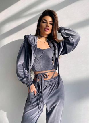 Мягкий велюровый костюм тройка с корсетом, женский спортивный костюм с капюшоном на весну,...