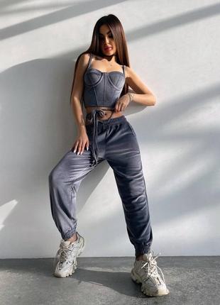 Мягкий велюровый костюм тройка с корсетом, женский спортивный костюм с капюшоном на весну,...