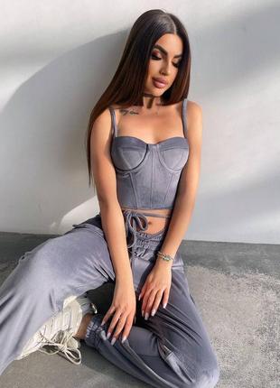 Мягкий велюровый костюм тройка с корсетом, женский спортивный костюм с капюшоном на весну,...