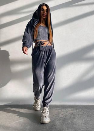 Мягкий велюровый костюм тройка с корсетом, женский спортивный костюм с капюшоном на весну,...