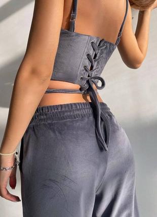 Мягкий велюровый костюм тройка с корсетом, женский спортивный костюм с капюшоном на весну,...