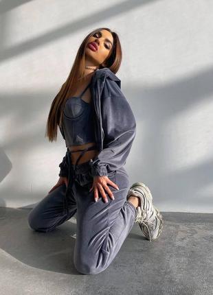 Мягкий велюровый костюм тройка с корсетом, женский спортивный костюм с капюшоном на весну,...