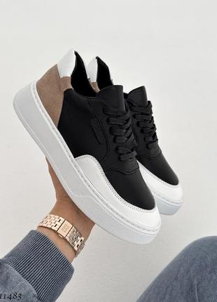 Кеды кожаные (прошитые) женские 11483 черный+белый+бежевый натур кожа